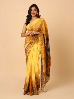 Navyasa By Liva - Yellow Crepe Abstract Print Saree with Unstitched Blouse