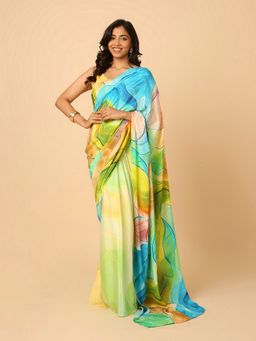 Navyasa By Liva - Yellow Crepe Abstract Print Saree with Unstitched Blouse