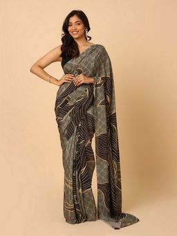 Navyasa By Liva - Grey Crepe Abstract Print Saree with Unstitched Blouse