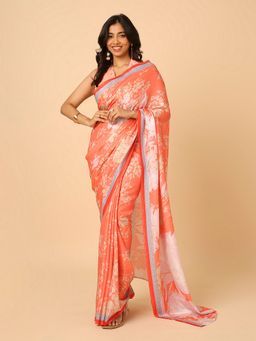 Navyasa By Liva - Peach Satin Floral Digital Print Saree with Unstitched Blouse