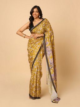 Navyasa By Liva - Olive Green Satin Floral Digital Print Saree with Unstitched Blouse
