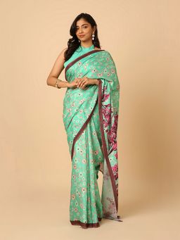 Navyasa By Liva - Green Satin Floral Digital Print Saree with Unstitched Blouse