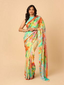 Navyasa By Liva - Multicolour Satin Abstract Digital Print Saree with Unstitched Blouse