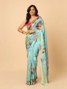Navyasa By Liva - Blue Satin Abstract Digital Print Saree with Unstitched Blouse