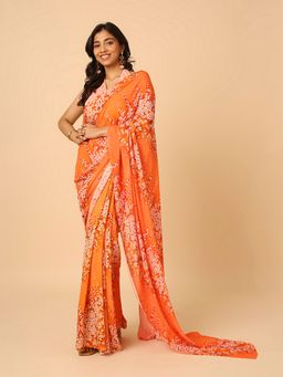 Navyasa By Liva - Orange Chiffon Floral Digital Print Saree with Unstitched Blouse