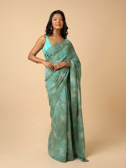 Navyasa By Liva - Green Georgette Geometric Batik Sequin Embroidery Saree with Unstitched Blouse