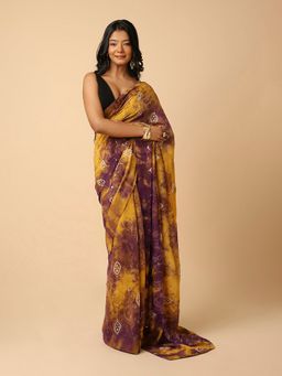 Navyasa By Liva - Yellow Georgette Geometric Batik Sequin Embroidery Saree with Unstitched Blouse