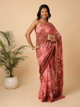 Navyasa By Liva - Pink Georgette Geometric Batik Sequin Embroidery Saree with Unstitched Blouse