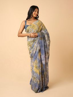 Navyasa By Liva - Blue Georgette Geometric Batik Sequin Embroidery Saree with Unstitched Blouse