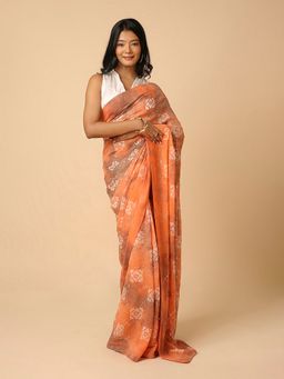 Navyasa By Liva - Orange Georgette Geometric Batik Sequin Embroidery Saree with Unstitched Blouse