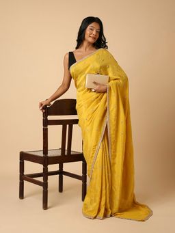 Navyasa By Liva - Yellow Muslin Tissue Floral Embroidery Saree with Unstitched Blouse