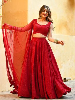 Trendmalls - Red Sequin Embroidered Semi-Stitched Lehenga with Unstitched Blouse with Dupatta