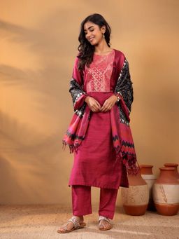 LAASYNA - Women Brocade Yoke with Gota Detail Kurta with Pant and Bandhani Printed Dupatta
