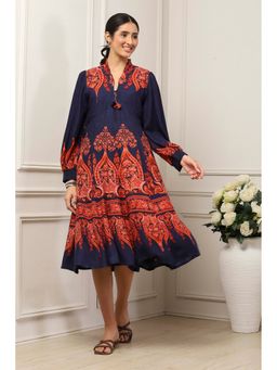 Biba - Women Navy Blue Viscose Rayon Ethnic Motif Printed Flared Dress