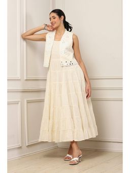 Biba - Women Off White Cotton Embroidered Tiered Dress with Jacket