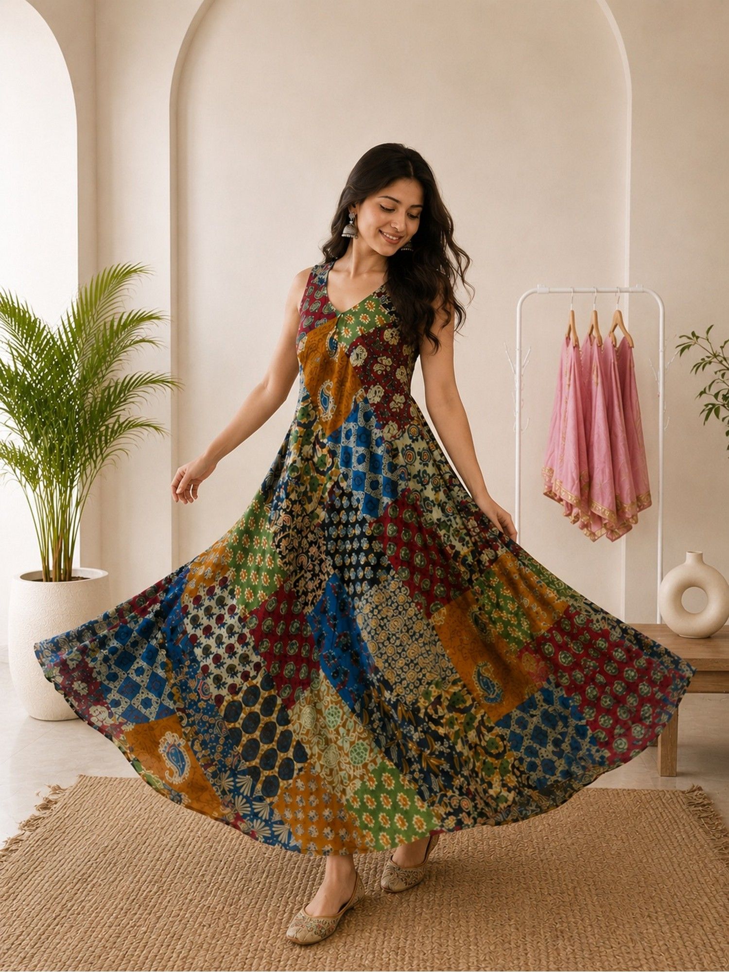 rangpur Women'S Boho Patchwork Printed Flared Maxi Dress-picture-22