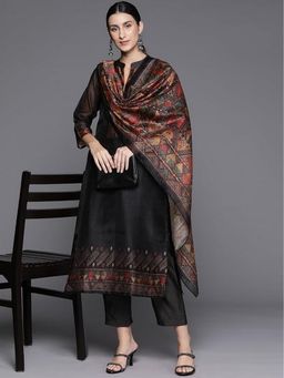 LAASYNA - Women Floral Printed Sequinned Chanderi Silk Straight Kurta with Pant and Dupatta