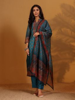 LAASYNA - Women Printed Regular Chanderi Silk Kurta with Pant and Dupatta