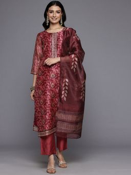 LAASYNA - Women Maroon Floral Printed Beads and Stones Straight Kurta with Pant and Dupatta