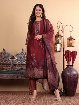 LAASYNA - Women Floral Printed Sequinned Chanderi Silk Kurta with Pant and Dupatta