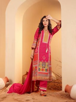 LAASYNA - Women Ethnic Motifs Printed Sequinned Chanderi Silk Kurta with Pant and Dupatta