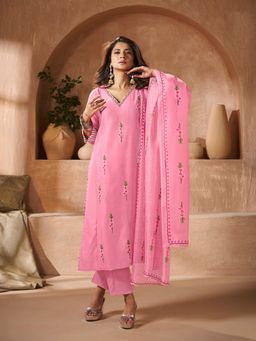 BHAMA COUTURE - Elegant Pink Floral Embroidery Straight Kurta with Pant and Dupatta