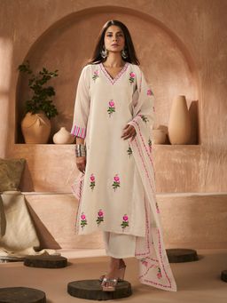 BHAMA COUTURE - Off White Rose Embroidery Straight Kurta with Pant and Dupatta
