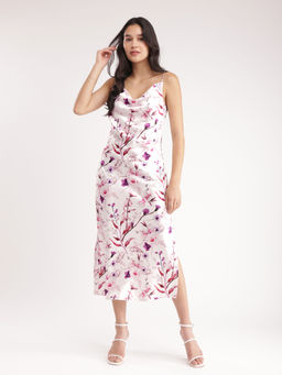 FableStreet - Floral Slip Dress- White And Purple