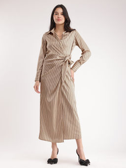 FableStreet - Stretch Satin Wrap Dress- Beige And Black