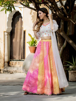 HOUSE OF JAMOTI - Multi-color leheriya Kalidar Leheanga & Mirror Work Blouse With Dupatta (Set of 3)