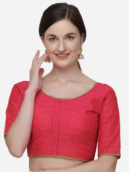 Amrutam Fab - Womens Jacquard Peach Phantom Silk Stiched Blouse With Round Neck