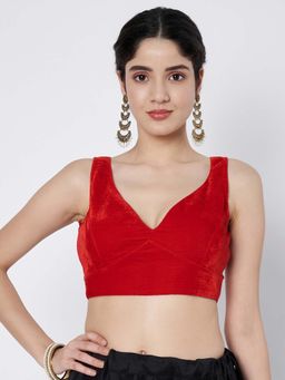 FLAHER - Red Velvet Solid Saree Blouse