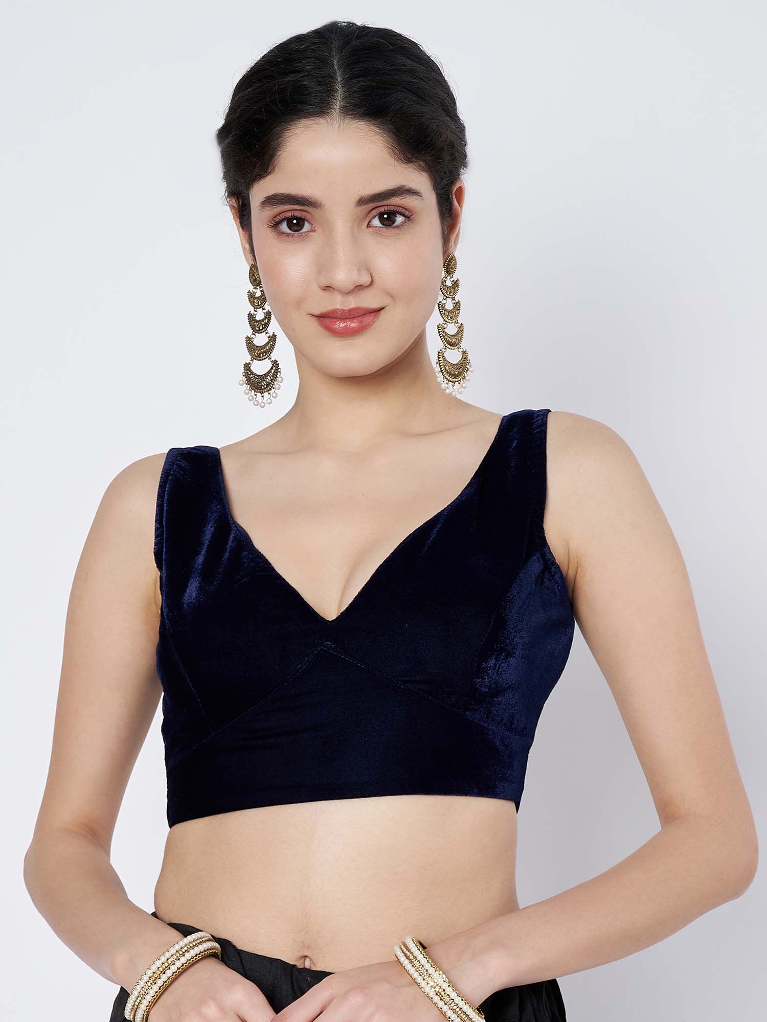 flaher Navy Blue Velvet Solid Saree Blouse-picture-28