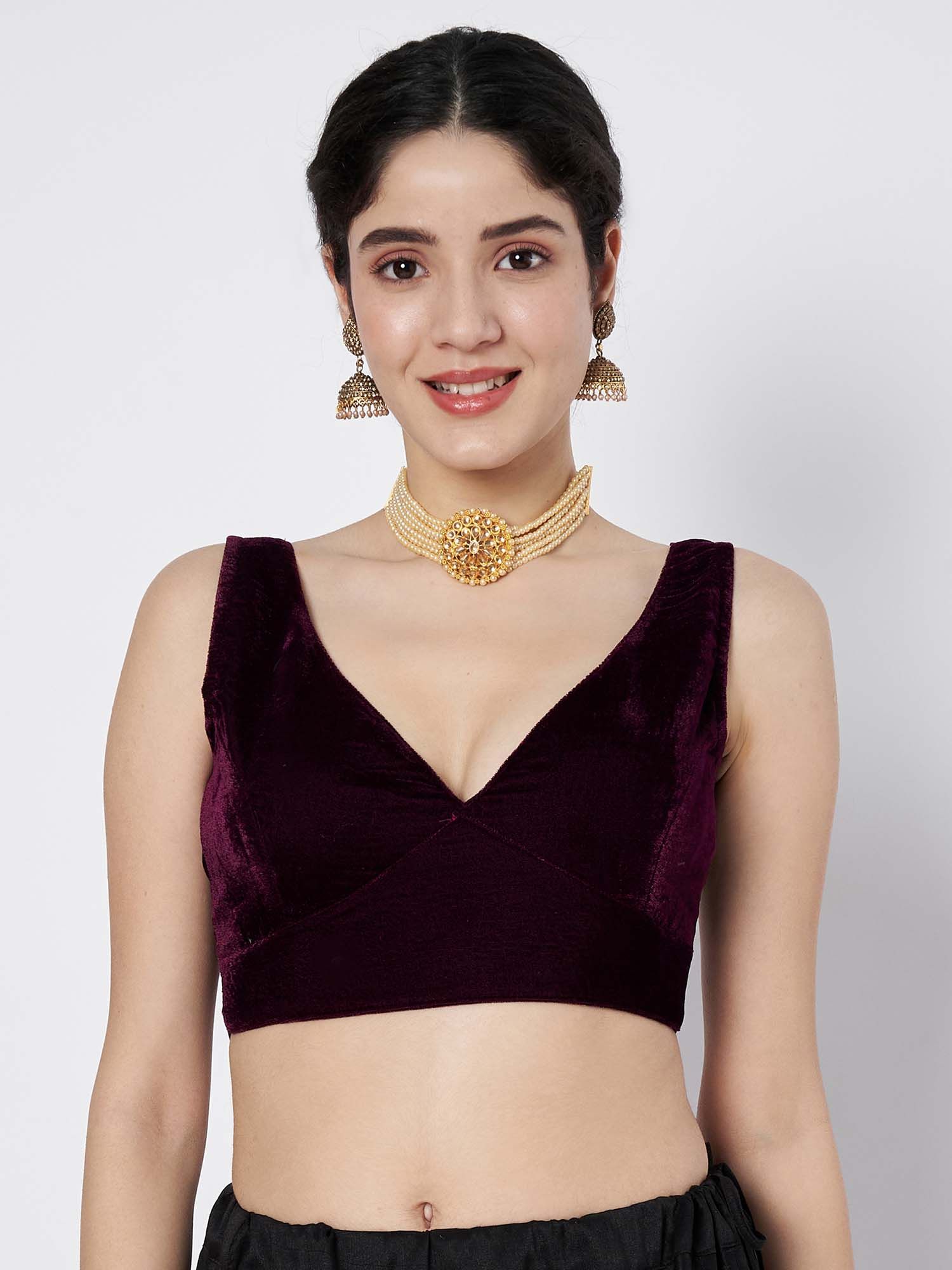 flaher Wine Velvet Solid Saree Blouse-picture-20
