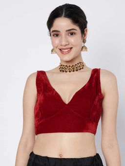 FLAHER - Maroon Velvet Solid Saree Blouse