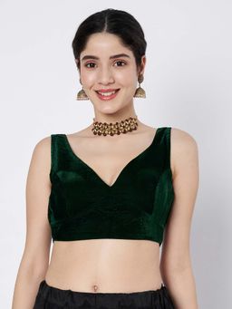FLAHER - Green Velvet Solid Saree Blouse