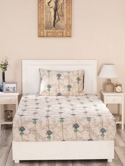 Maspar - Nouveau Tradition Water Lily 300 TC Cotton Blue Print Single Bedsheet ,1 Pillow Cover