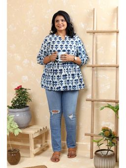 Sutra Art of Clothing - Blue Pure Cotton Flower Block Print Flared Top