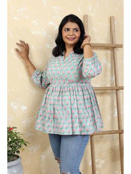 Sutra Art of Clothing - Green Pure Cotton Pink Floral Block Print Flared Top