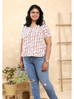 Sutra Art of Clothing - Beige Pure Cotton Maroon Fish Block Print Top