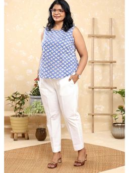 Sutra Art of Clothing - Blue Pure Cotton White Flower Block Print Top