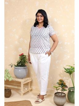 Sutra Art of Clothing - Grey Pure Cotton Pink Flower Block Print Top