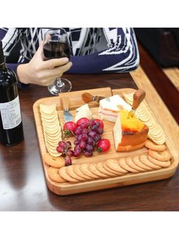 Premsons - Cheese Board Wood Charcuterie Platter and Serving Board with Slide-Out Drawer 4 Knives