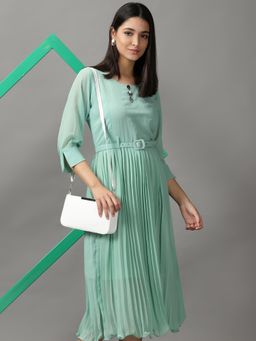 SHOWOFF - Womens Round Neck Midi Green Solid Dress (Set of 2)