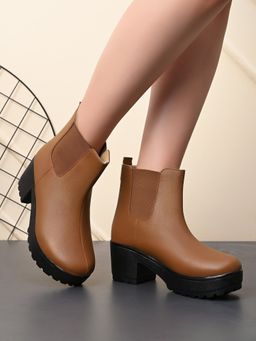XE Looks - Tan Elastic Panel Chunky Platform Block Heel Chelsea Boots
