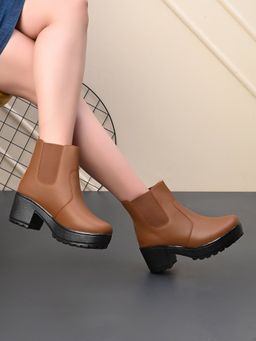 XE Looks - Tan Minimalist Elastic Panel Chunky Block Heel Chelsea Boots