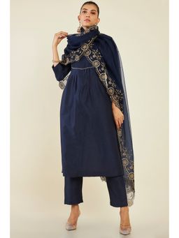 Soch - Women Navy Blue Silk Solid/plain Suit (Set of 3)