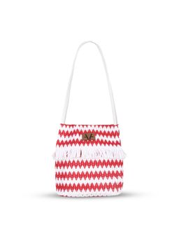 Avake - White and Red Self Designed Lightweight Raffia Leather Vegan Tote Bag