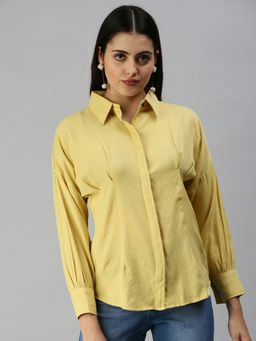 SHOWOFFFF - Women Slim Fit Kimono Sleeves Yellow Solid Shirt