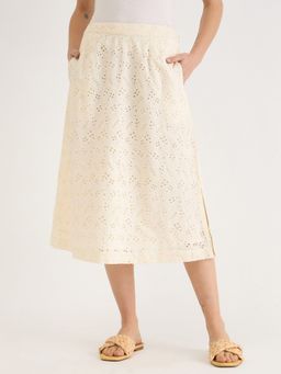 ELLE - Women Cream Embroidery Flared Fit Calf Length Skirt